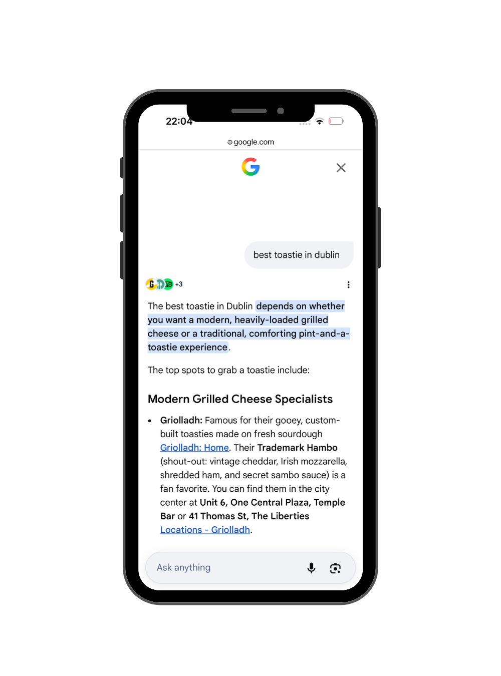 Griolladh named in Google AI Overview for best toastie in Dublin, AI SEO Ireland case study